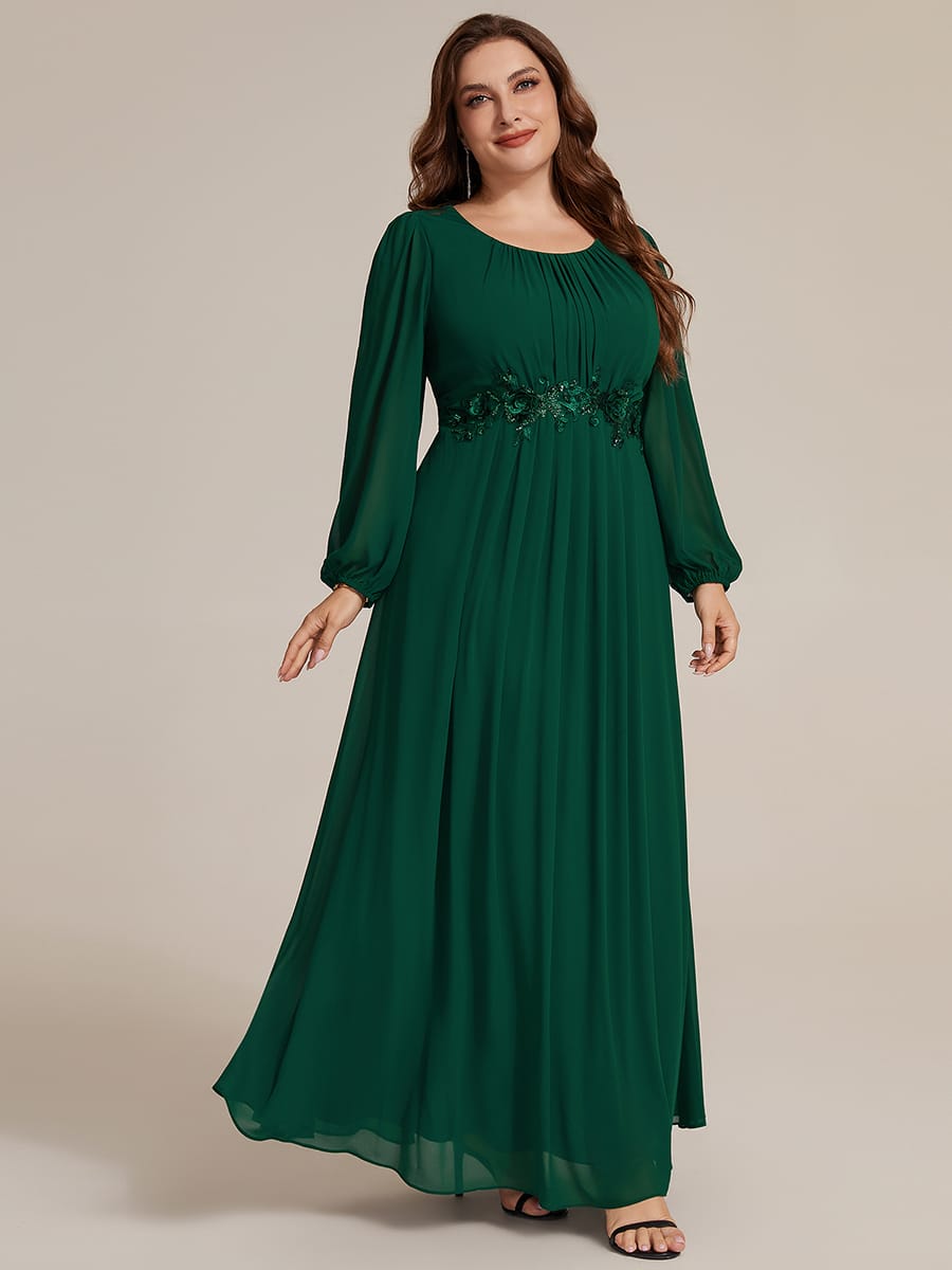 Chiffon Puff Sleeve A-line Dress #color_Dark Green
