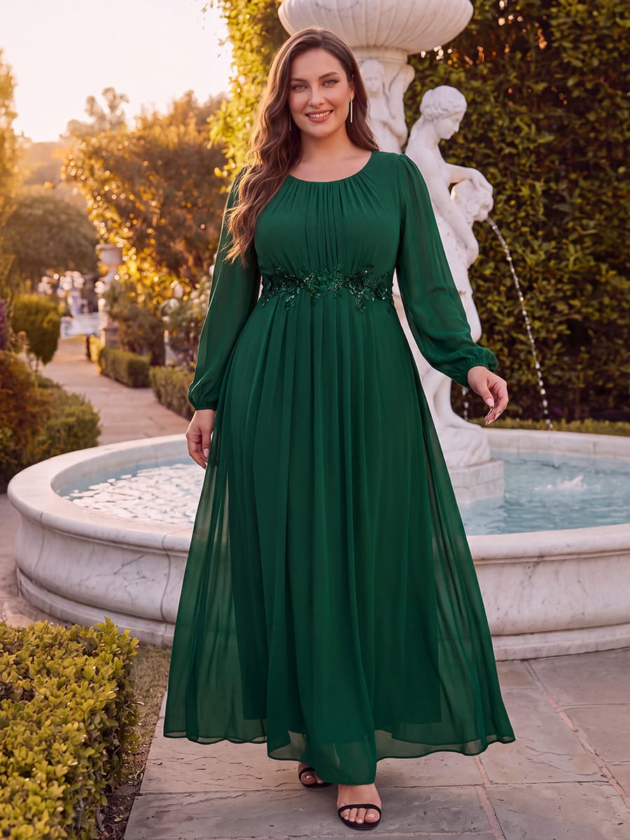 Chiffon Puff Sleeve A-line Dress #color_Dark Green