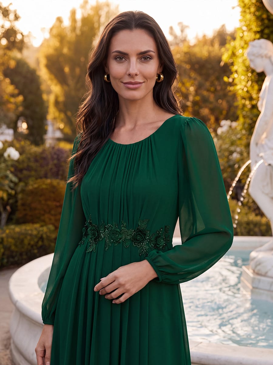 Chiffon Puff Sleeve A-line Dress #color_Dark Green