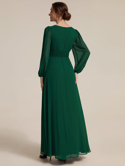 Chiffon Puff Sleeve A-line Dress #color_Dark Green
