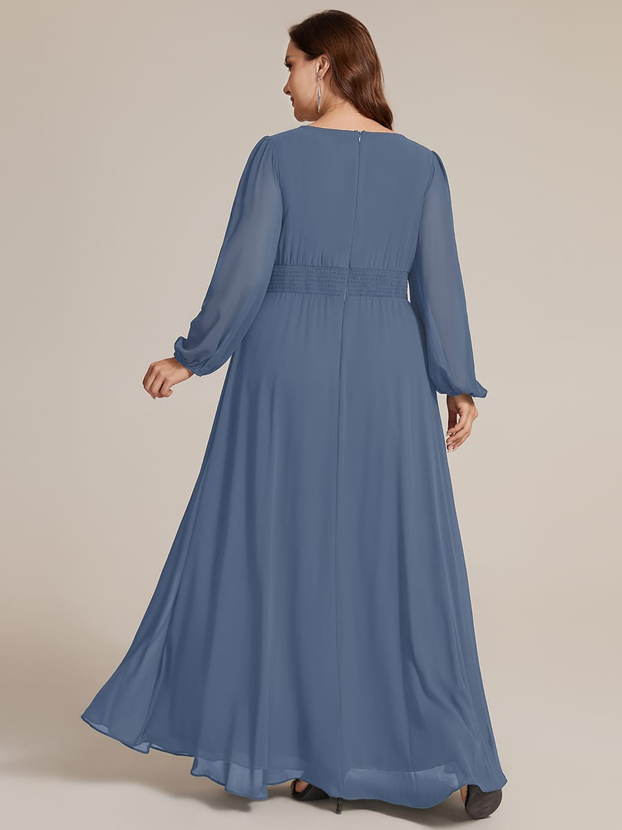 Chiffon Puff Sleeve A-line Dress #color_Dusty Blue