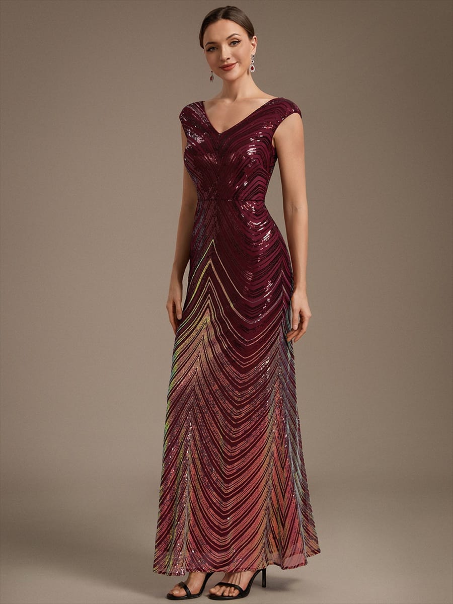 Sequin Cap Sleeve Mermaid Dress #color_Burgundy