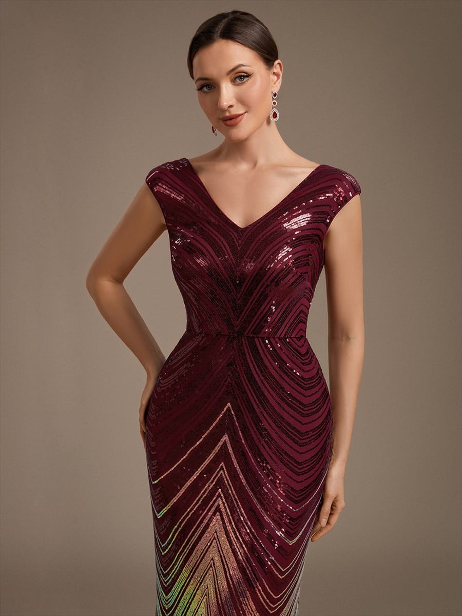 Sequin Cap Sleeve Mermaid Dress #color_Burgundy