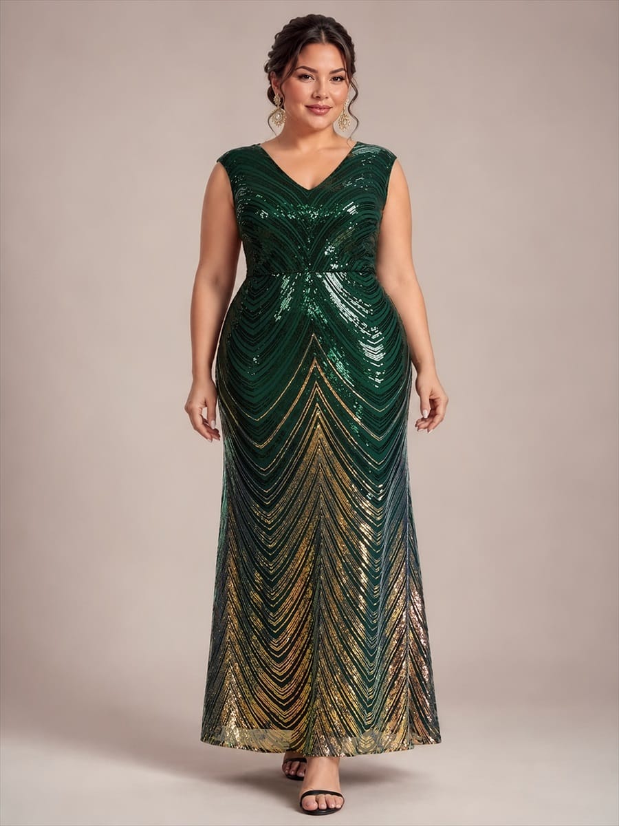 Sequin Cap Sleeve Mermaid Dress #color_Dark Green