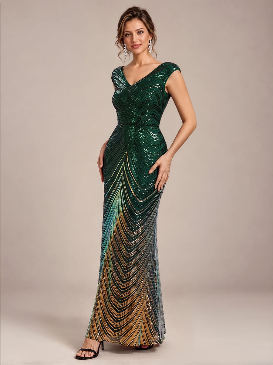 Sequin Cap Sleeve Mermaid Dress #color_Dark Green