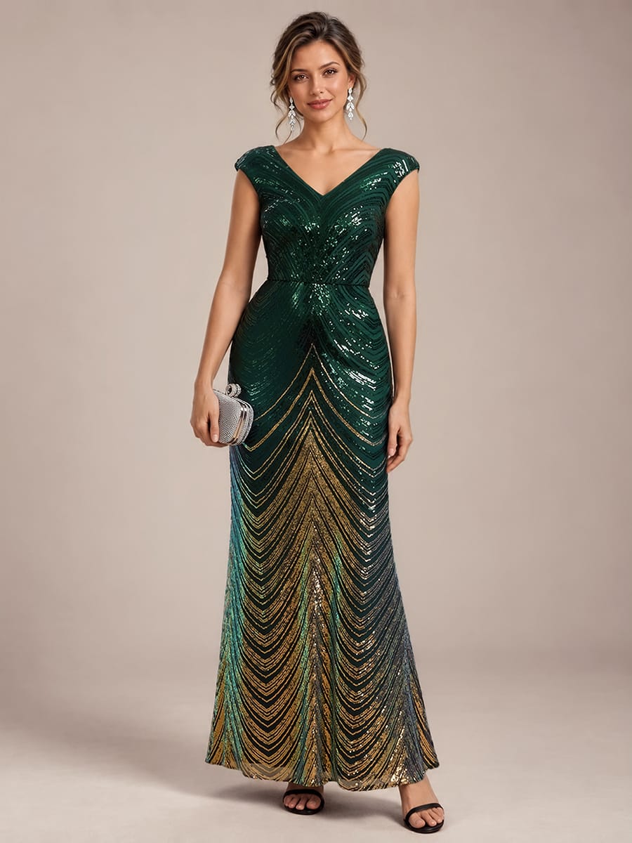 Sequin Cap Sleeve Mermaid Dress #color_Dark Green