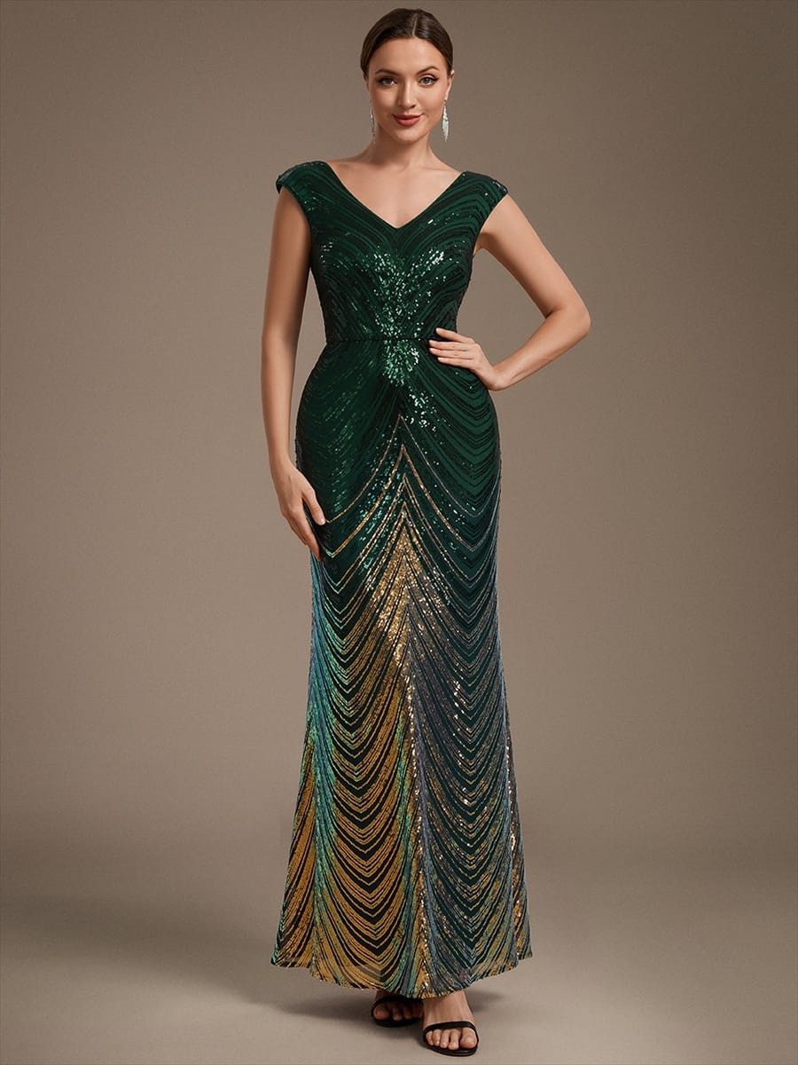 Sequin Cap Sleeve Mermaid Dress #color_Dark Green