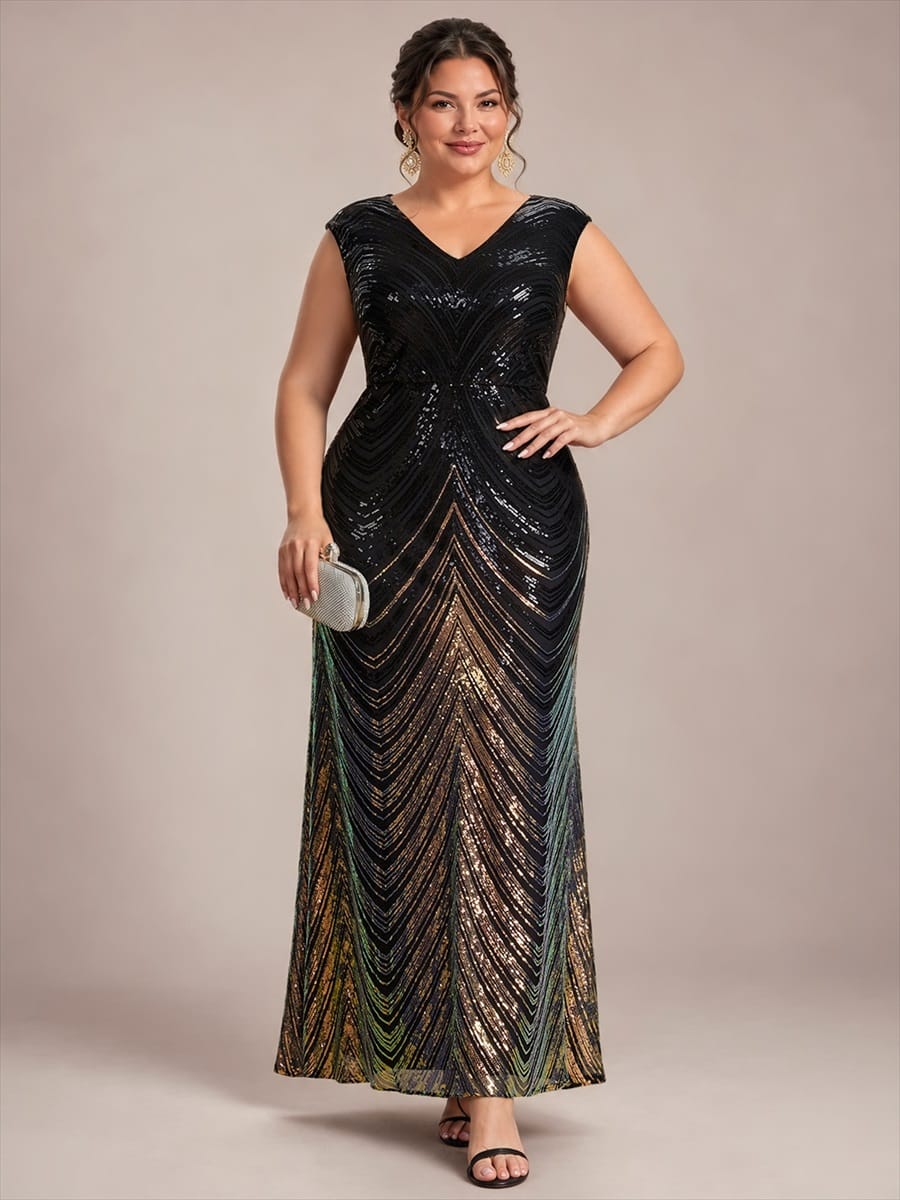Sequin Cap Sleeve Mermaid Dress #color_Midnight Black&Gold
