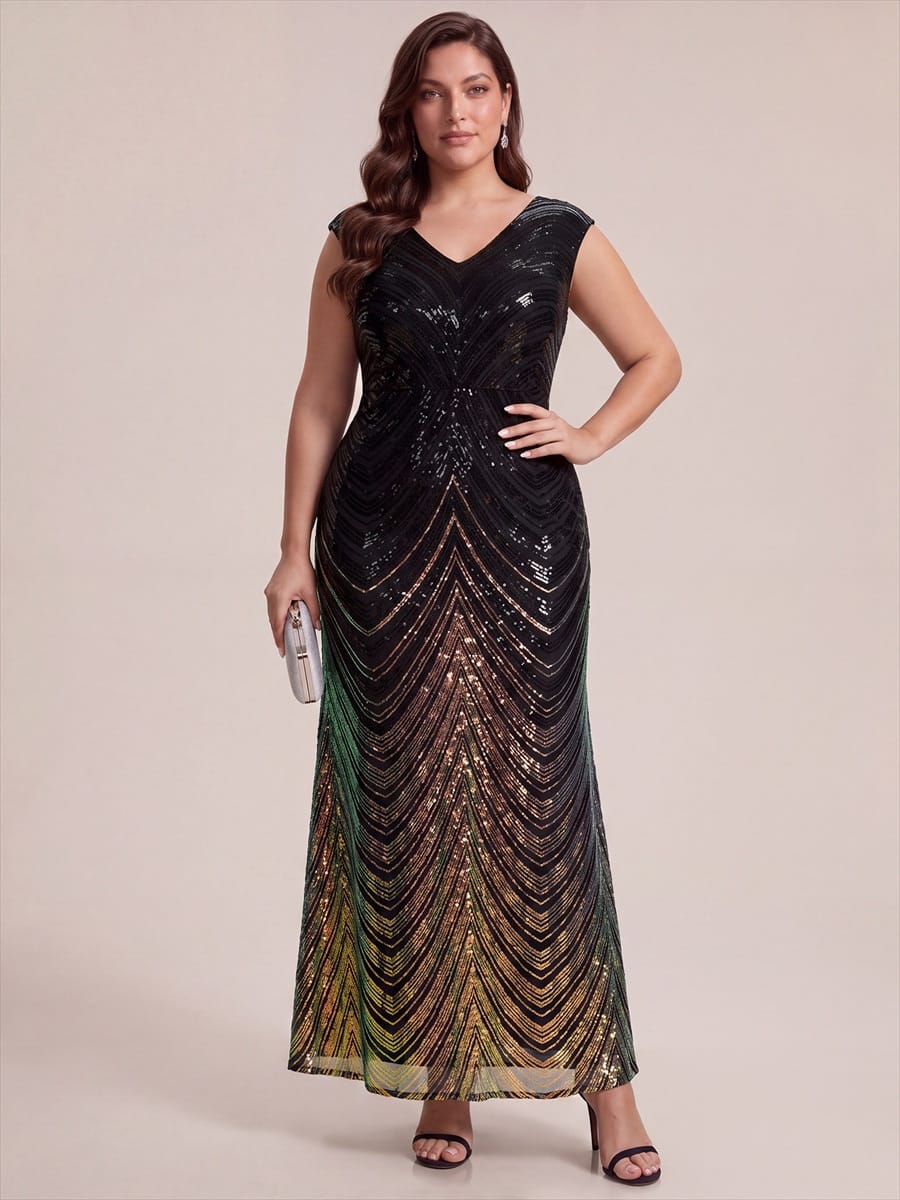Sequin Cap Sleeve Mermaid Dress #color_Midnight Black&Gold