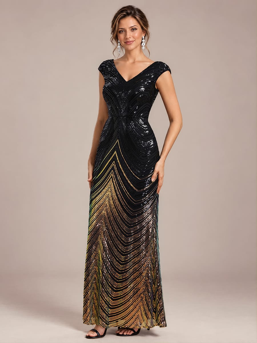 Sequin Cap Sleeve Mermaid Dress #color_Midnight Black&Gold