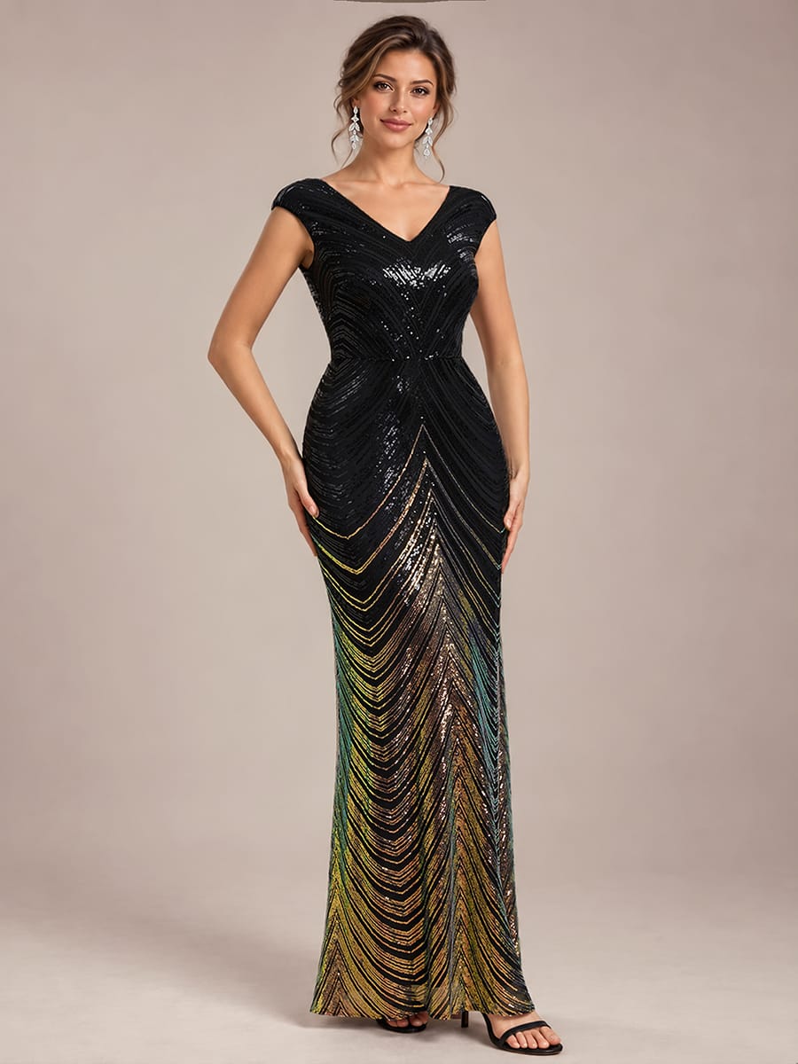 Sequin Cap Sleeve Mermaid Dress #color_Midnight Black&Gold