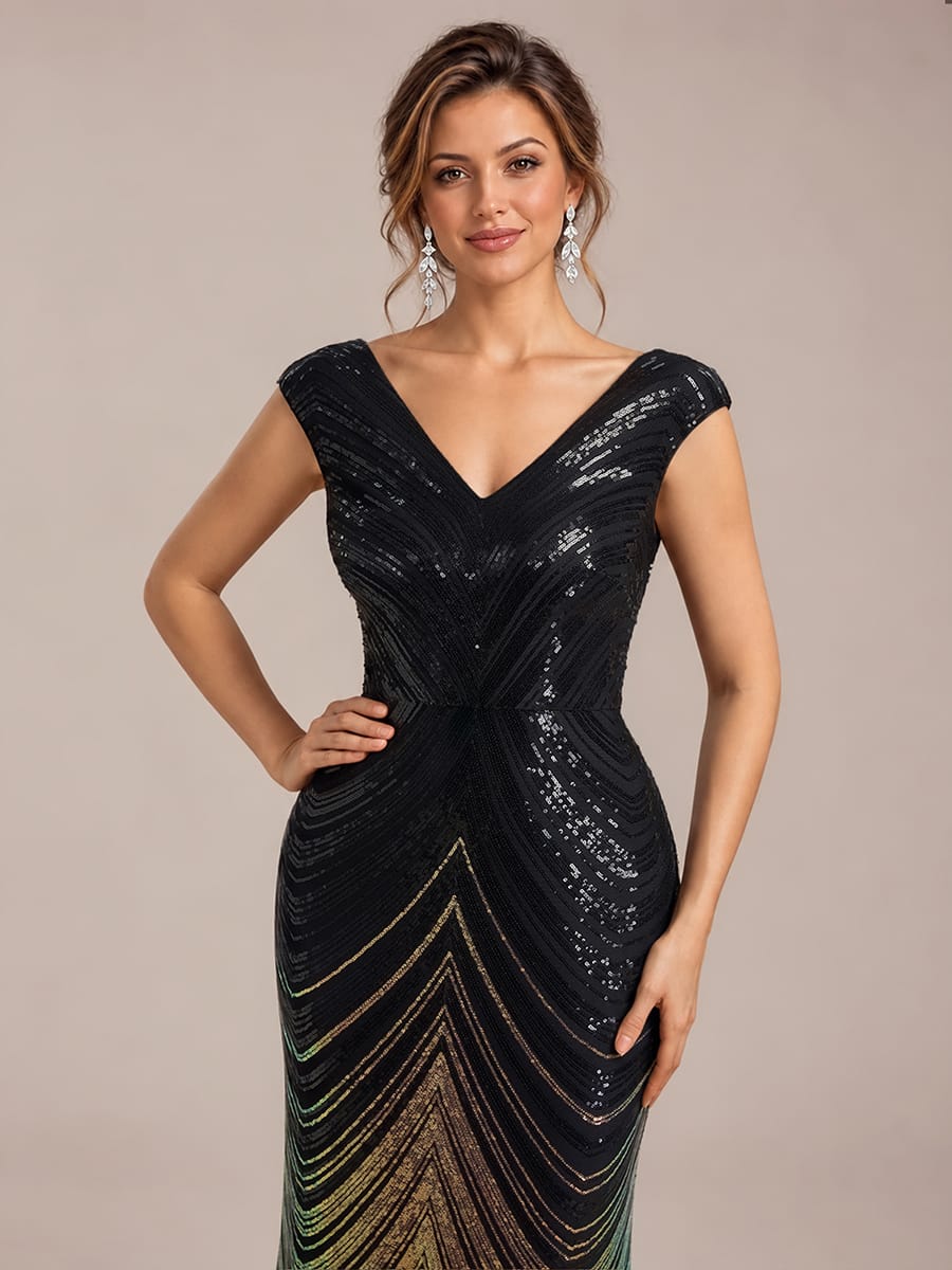 Sequin Cap Sleeve Mermaid Dress #color_Midnight Black&Gold