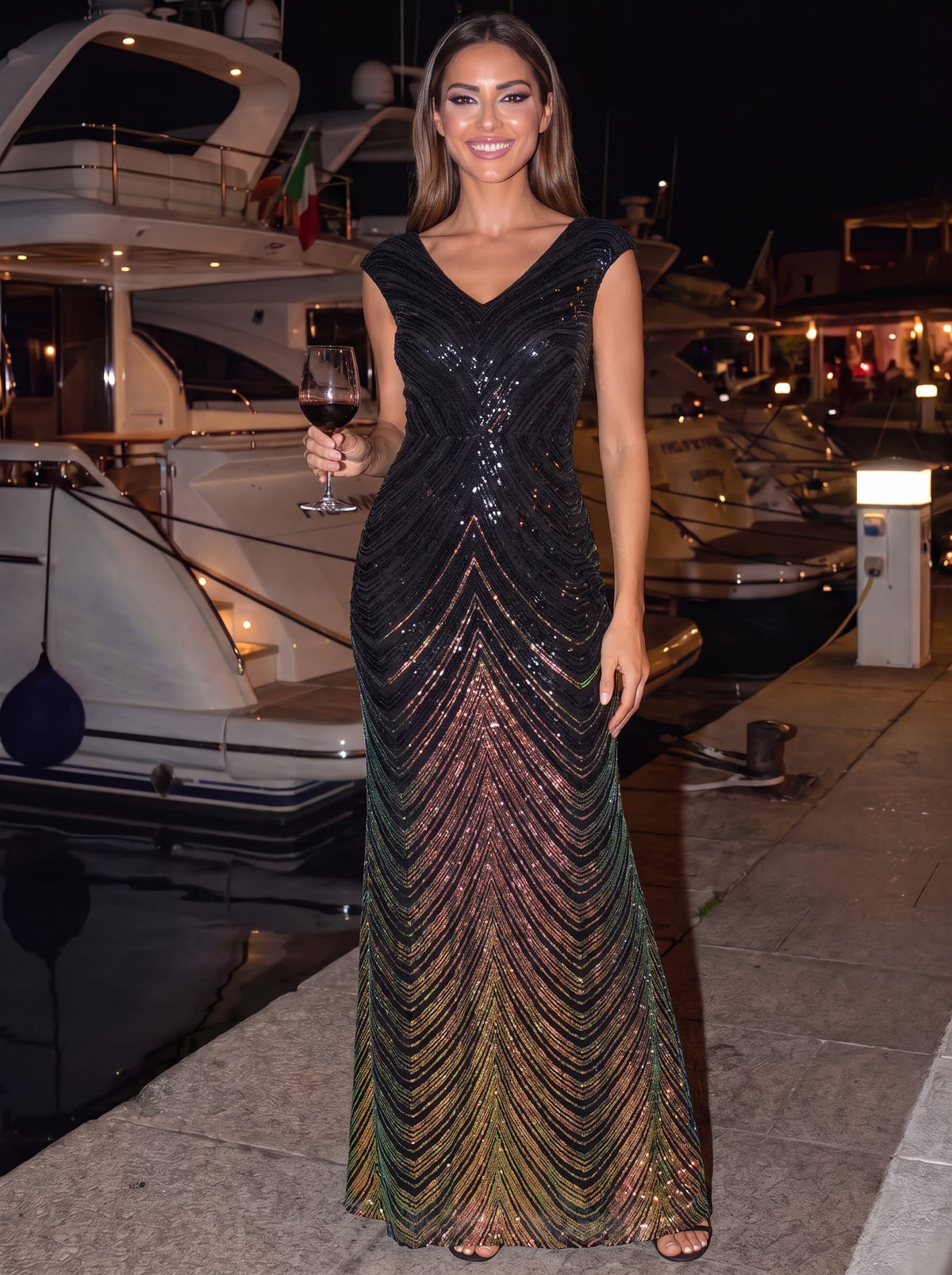 Sequin Cap Sleeve Mermaid Dress #color_Midnight Black&Gold