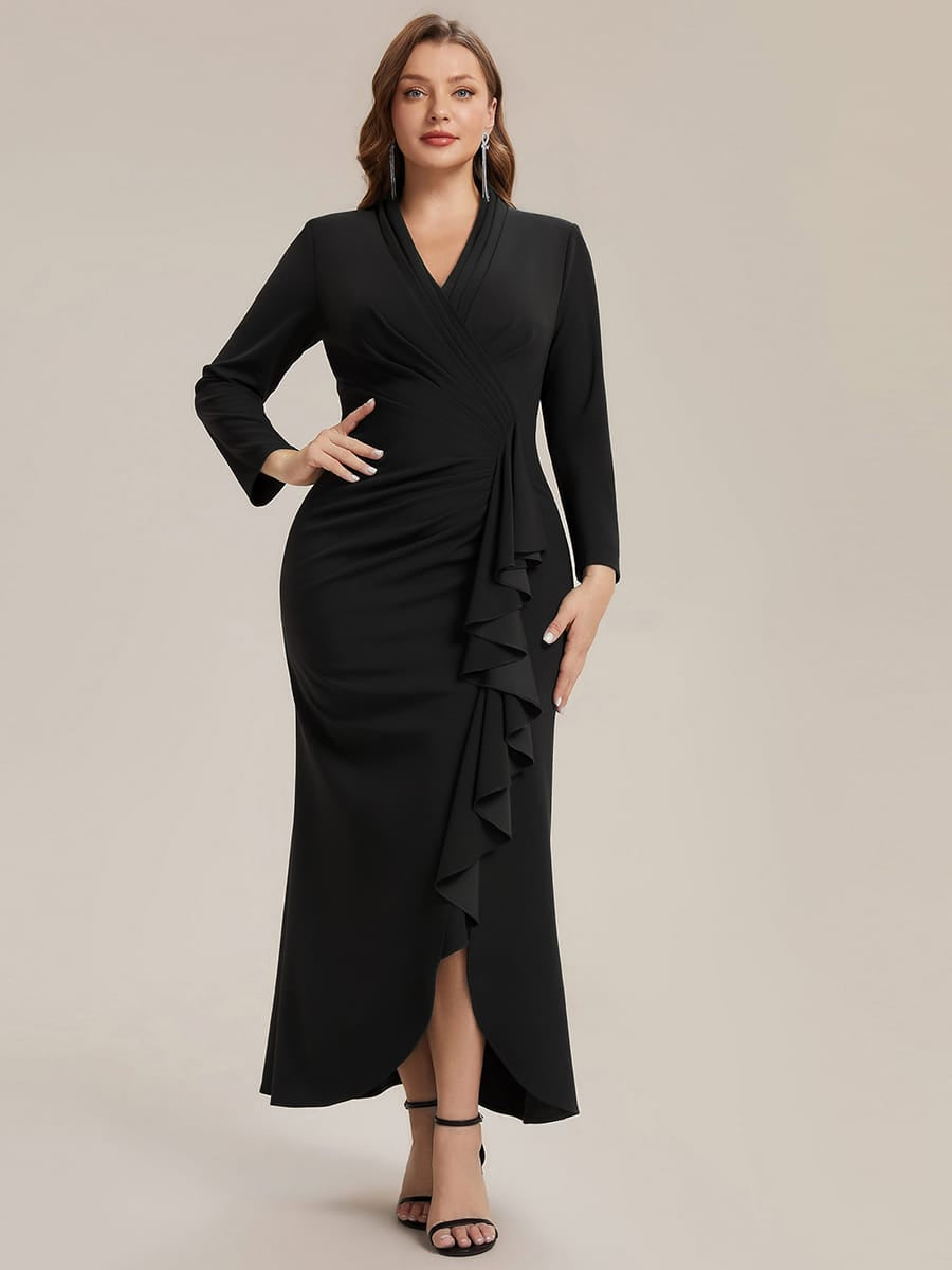 Ruffled Crepe Fitted Sleeve Dress #color_Black