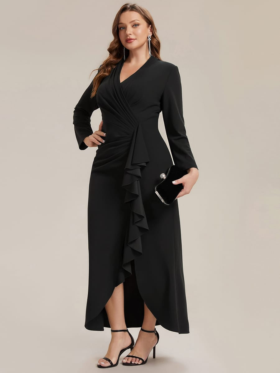 Ruffled Crepe Fitted Sleeve Dress #color_Black