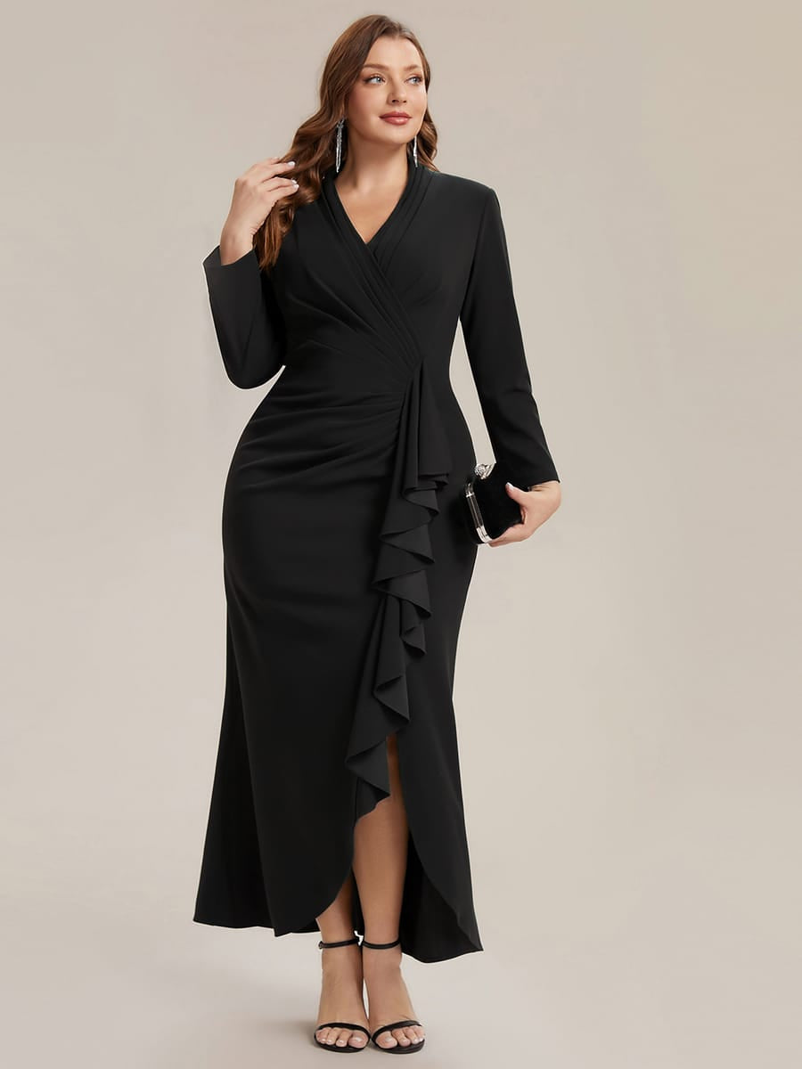 Ruffled Crepe Fitted Sleeve Dress #color_Black