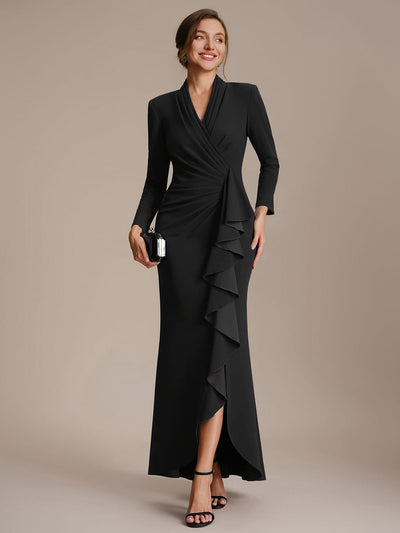 Ruffled Crepe Fitted Sleeve Dress