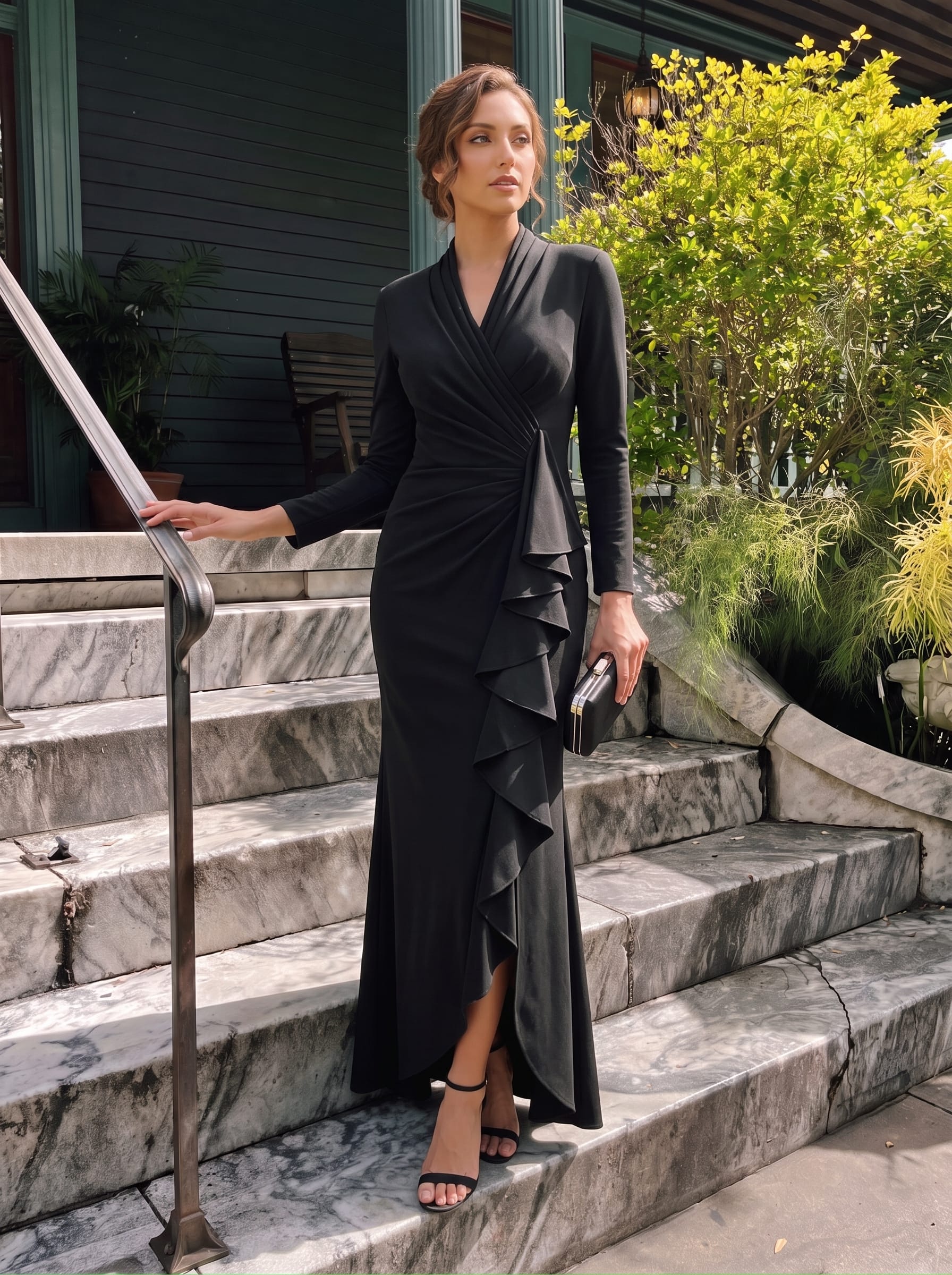 Ruffled Crepe Fitted Sleeve Dress #color_Black