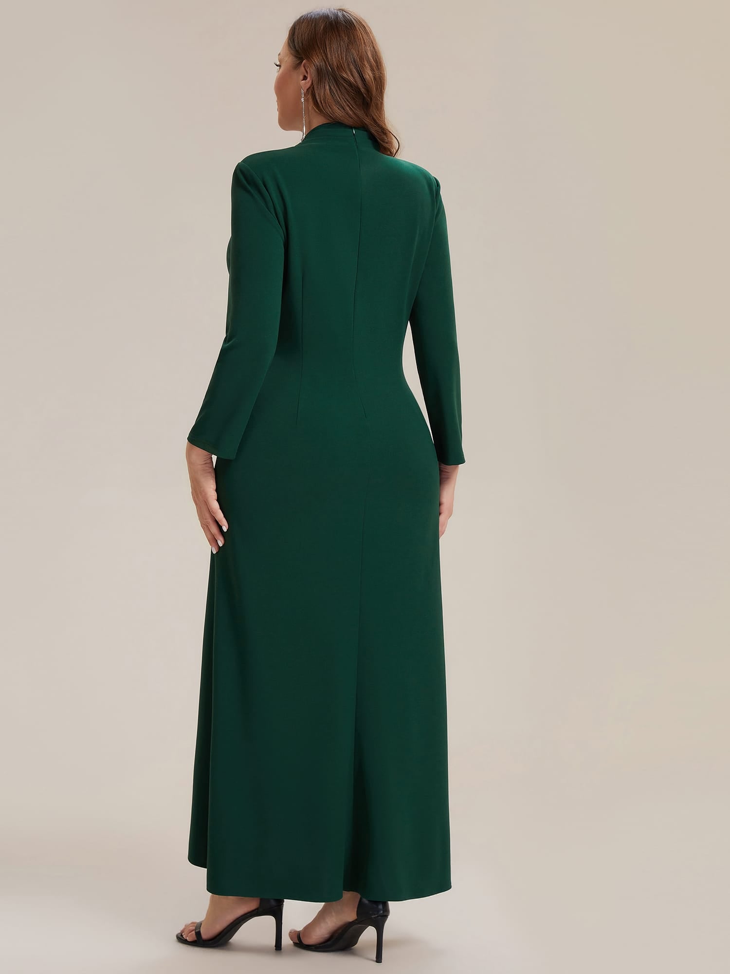 Ruffled Crepe Fitted Sleeve Dress #color_Dark Green