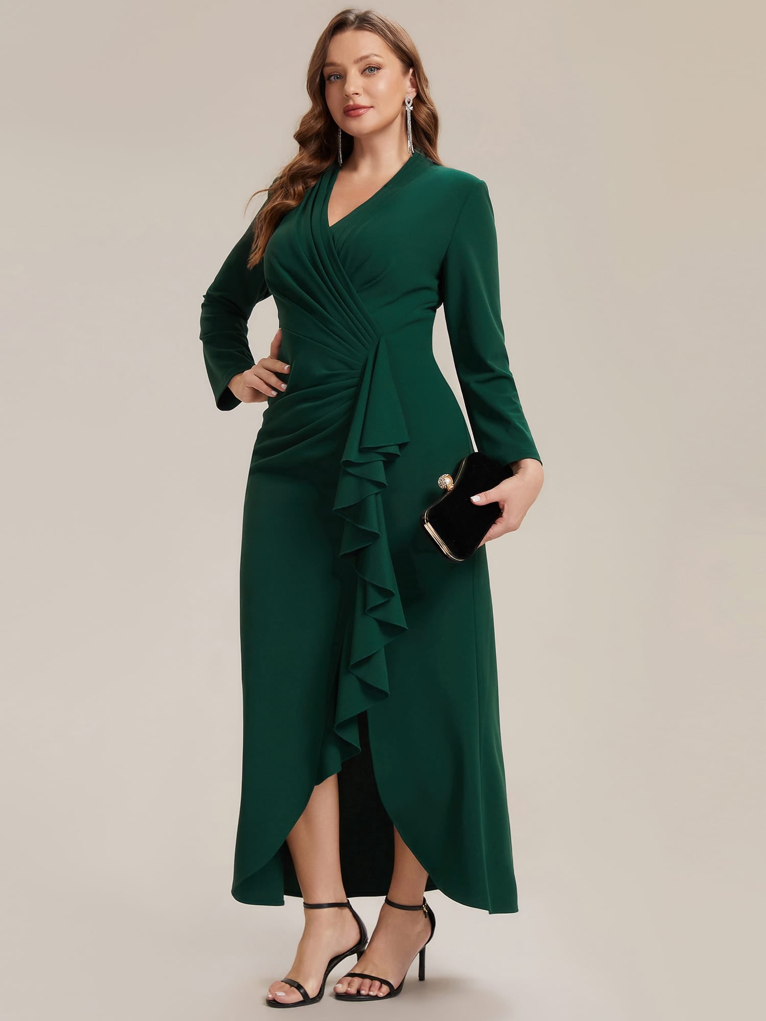 Ruffled Crepe Fitted Sleeve Dress #color_Dark Green