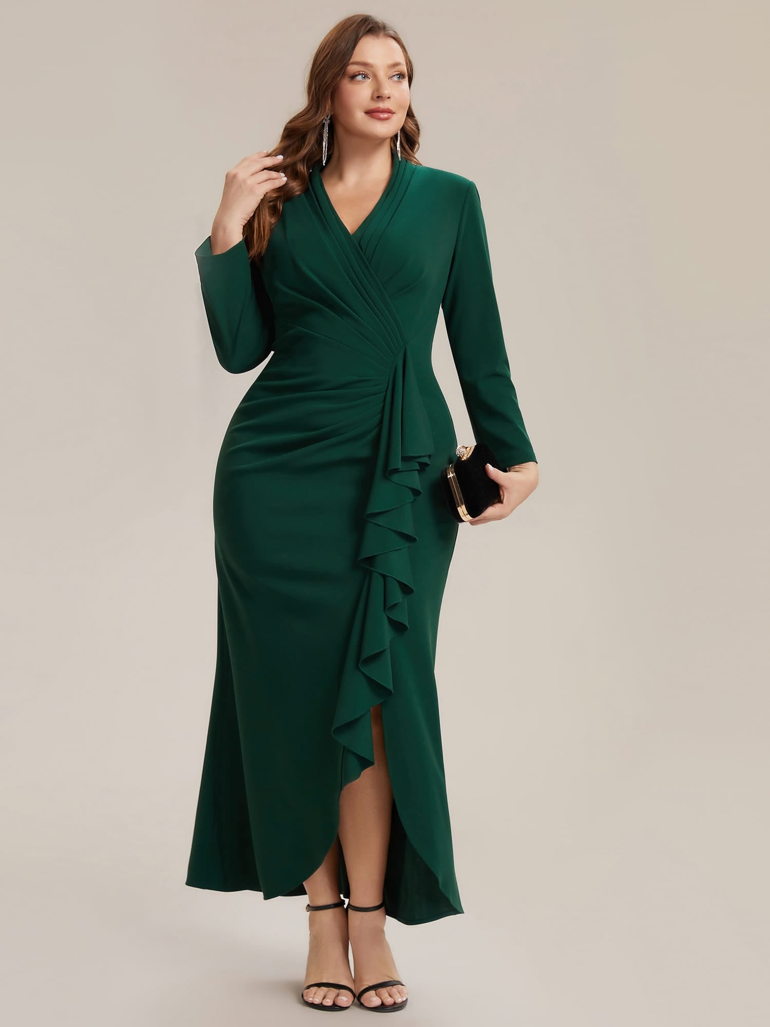 Ruffled Crepe Fitted Sleeve Dress #color_Dark Green