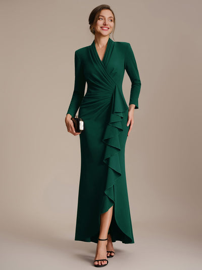 Ruffle Bodycon Crepe Long Sleeve Dress