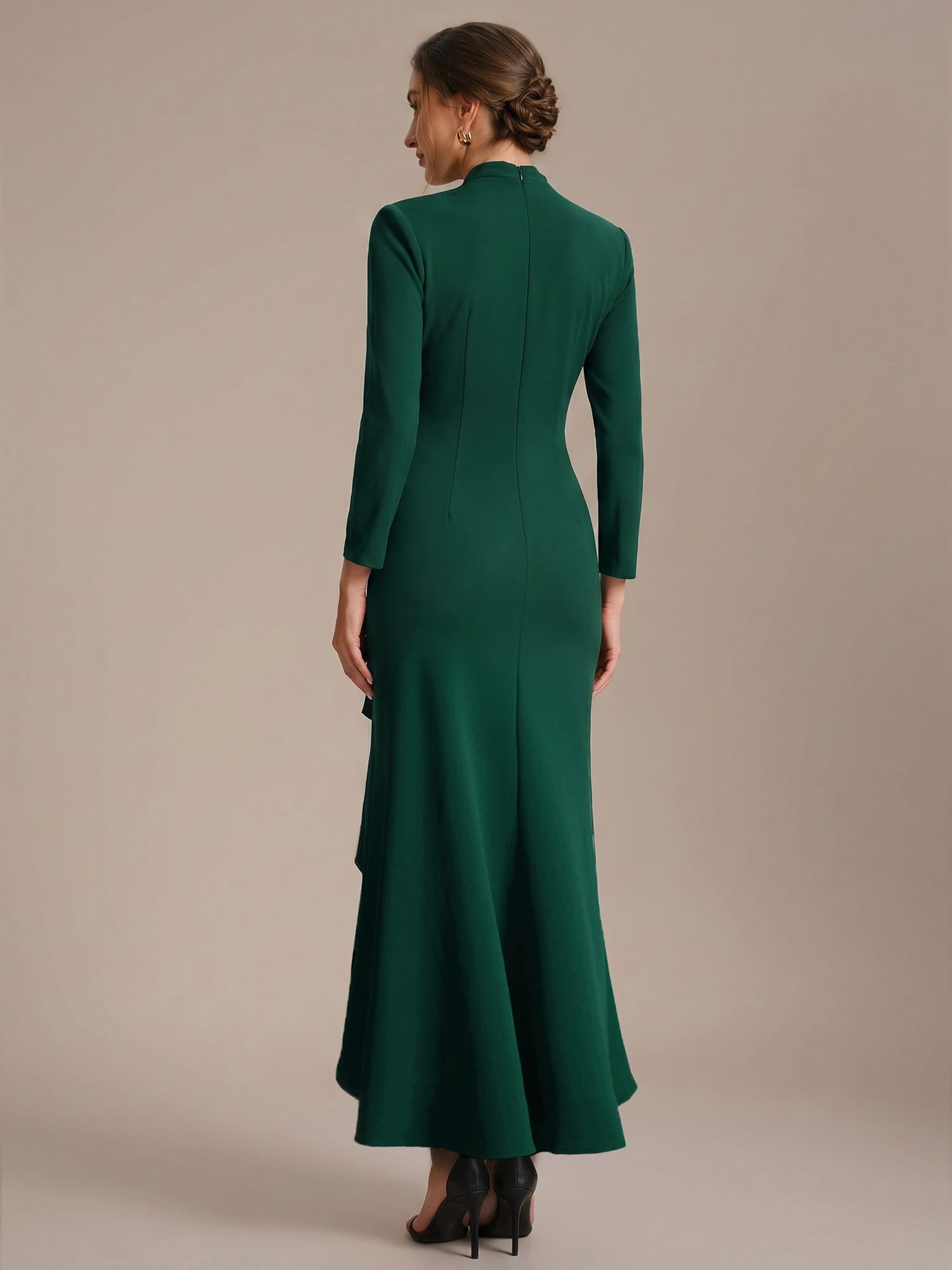 Ruffled Crepe Fitted Sleeve Dress #color_Dark Green