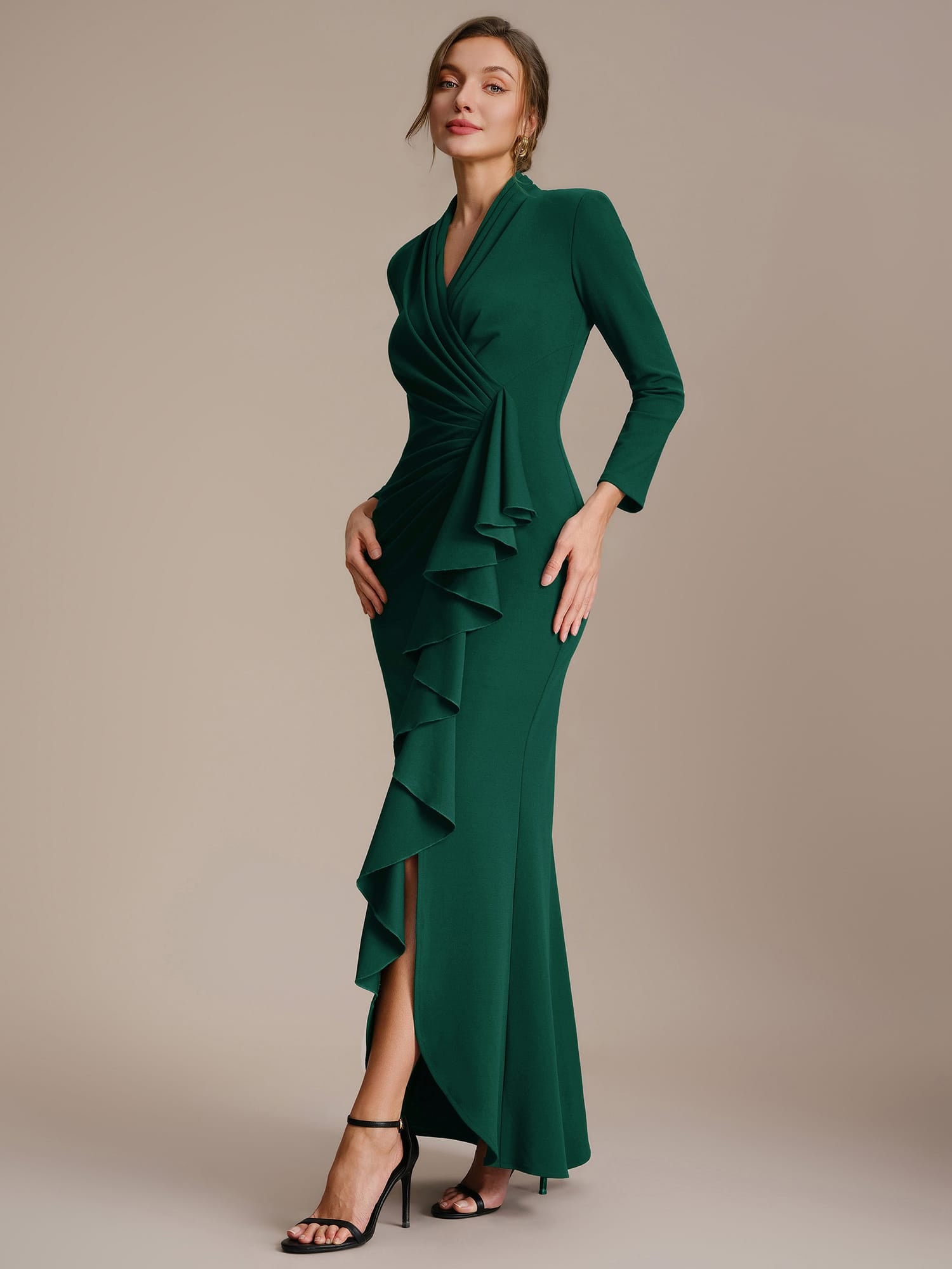Ruffled Crepe Fitted Sleeve Dress #color_Dark Green