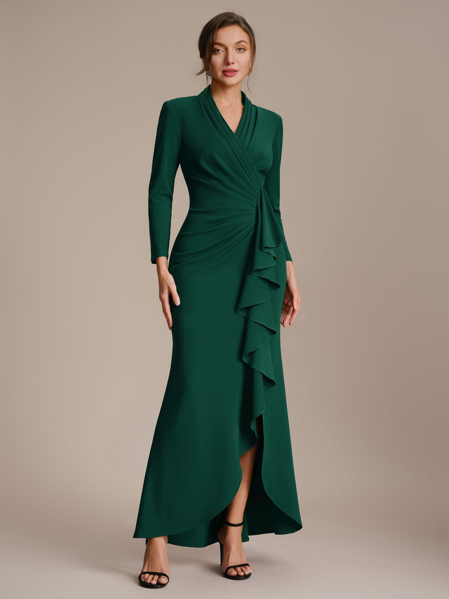 Ruffled Crepe Fitted Sleeve Dress #color_Dark Green