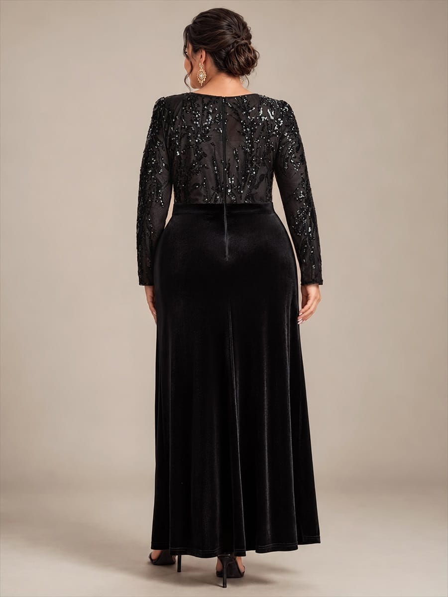 Velvet Maxi Length Round neckline Sheath Fitted sleeves It is not padded, with lining. Dress #color_Black