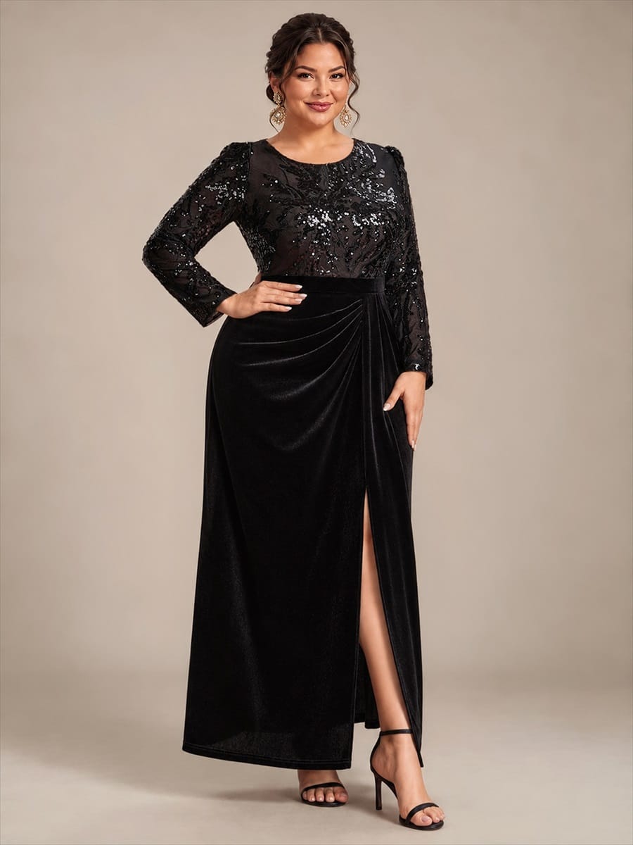 Velvet Maxi Length Round neckline Sheath Fitted sleeves It is not padded, with lining. Dress #color_Black