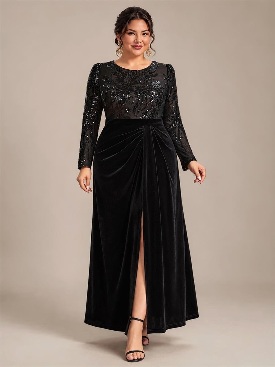 Velvet Maxi Length Round neckline Sheath Fitted sleeves It is not padded, with lining. Dress #color_Black