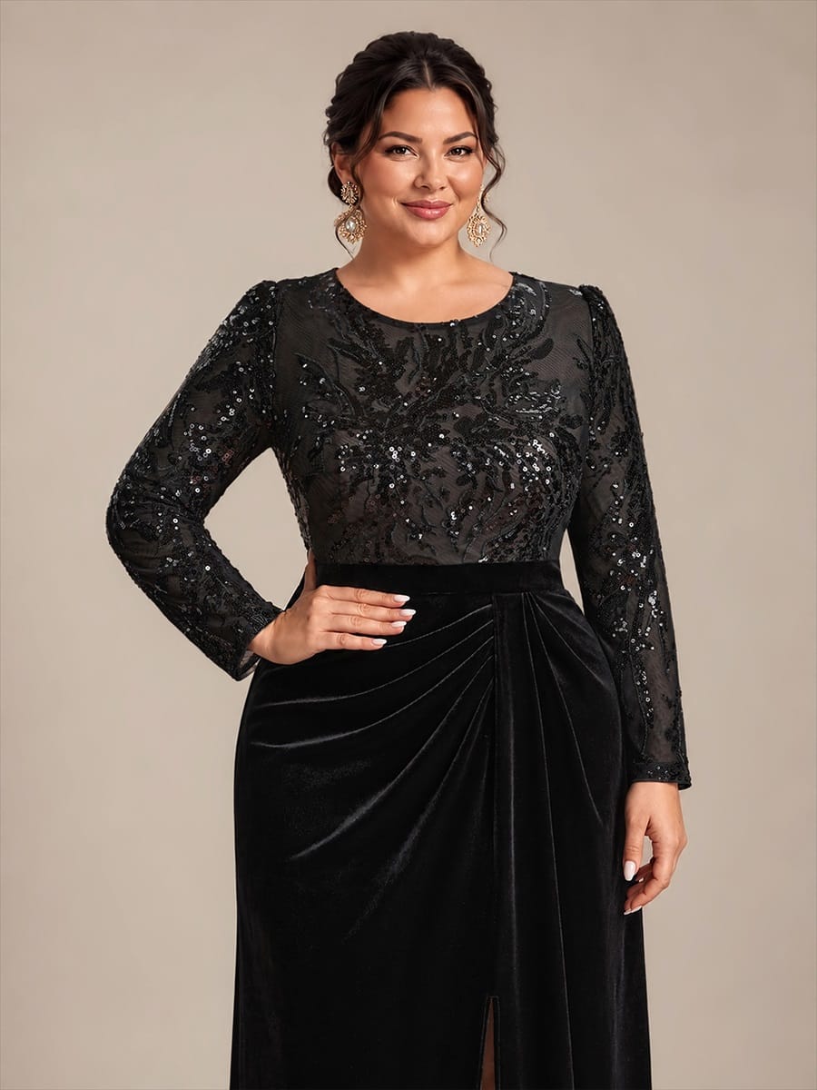Velvet Maxi Length Round neckline Sheath Fitted sleeves It is not padded, with lining. Dress #color_Black