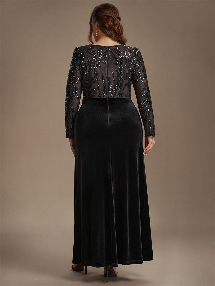 Velvet Maxi Length Round neckline Sheath Fitted sleeves It is not padded, with lining. Dress #color_Black