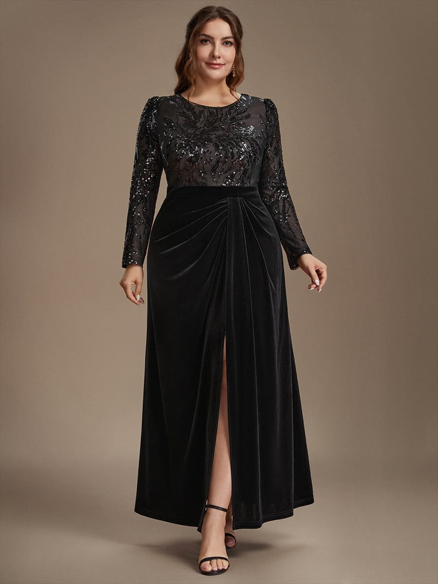 Velvet Maxi Length Round neckline Sheath Fitted sleeves It is not padded, with lining. Dress #color_Black