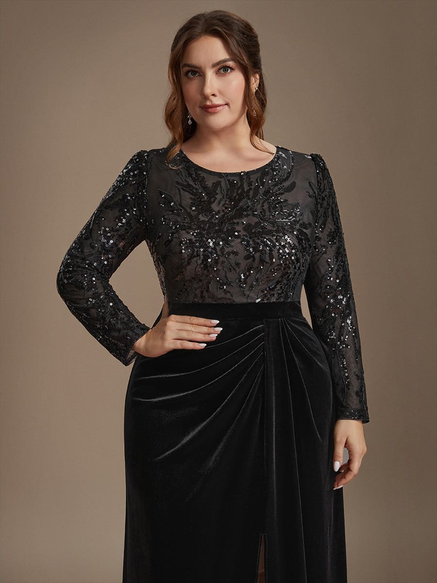 Velvet Maxi Length Round neckline Sheath Fitted sleeves It is not padded, with lining. Dress #color_Black