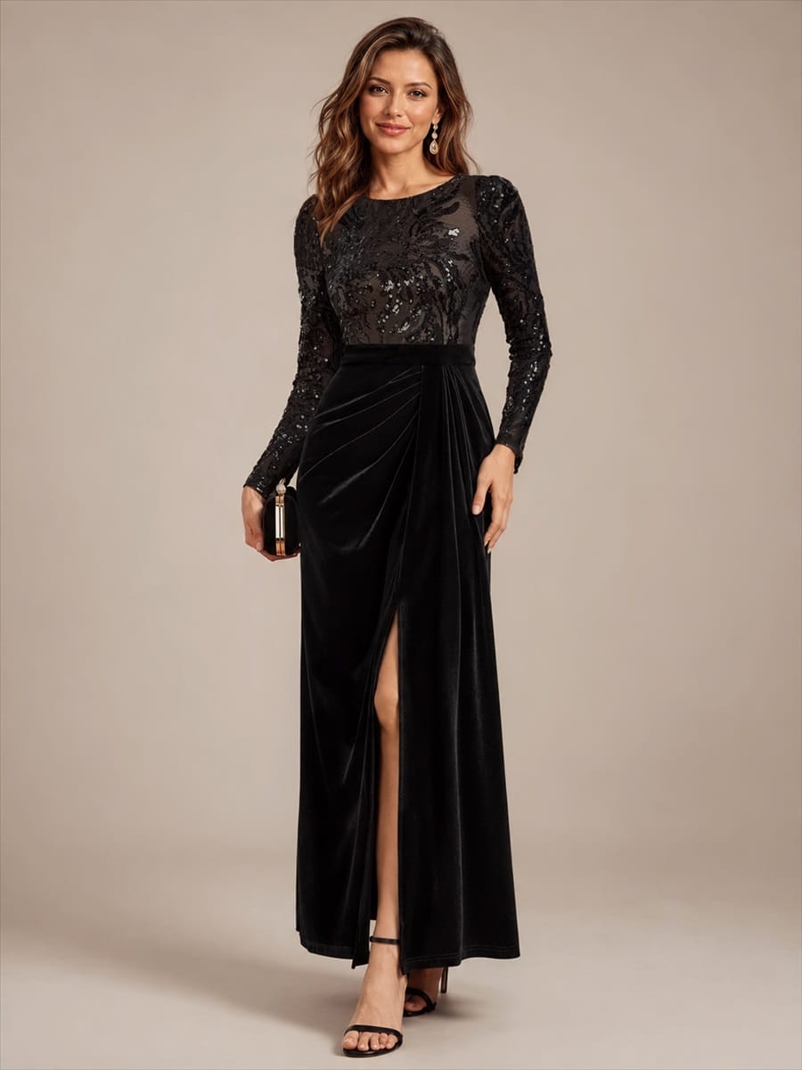 Velvet Maxi Length Round neckline Sheath Fitted sleeves It is not padded, with lining. Dress #color_Black