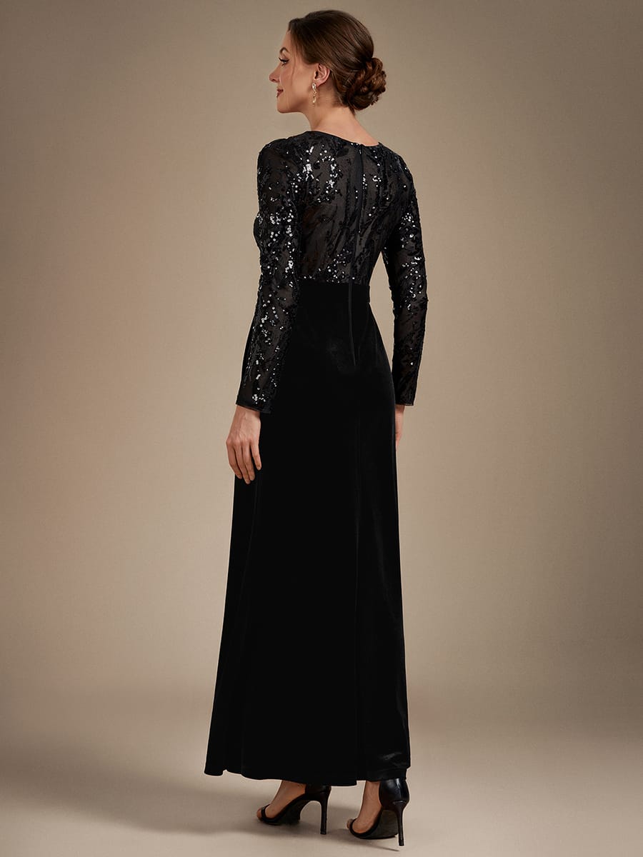 Velvet Maxi Length Round neckline Sheath Fitted sleeves It is not padded, with lining. Dress #color_Black