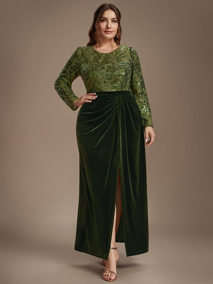 Velvet Maxi Length Round neckline Sheath Fitted sleeves It is not padded, with lining. Dress #color_Olive Green