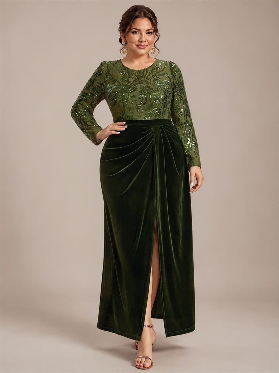 Velvet Maxi Length Round neckline Sheath Fitted sleeves It is not padded, with lining. Dress #color_Olive Green
