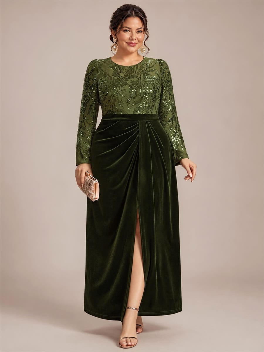 Velvet Maxi Length Round neckline Sheath Fitted sleeves It is not padded, with lining. Dress #color_Olive Green