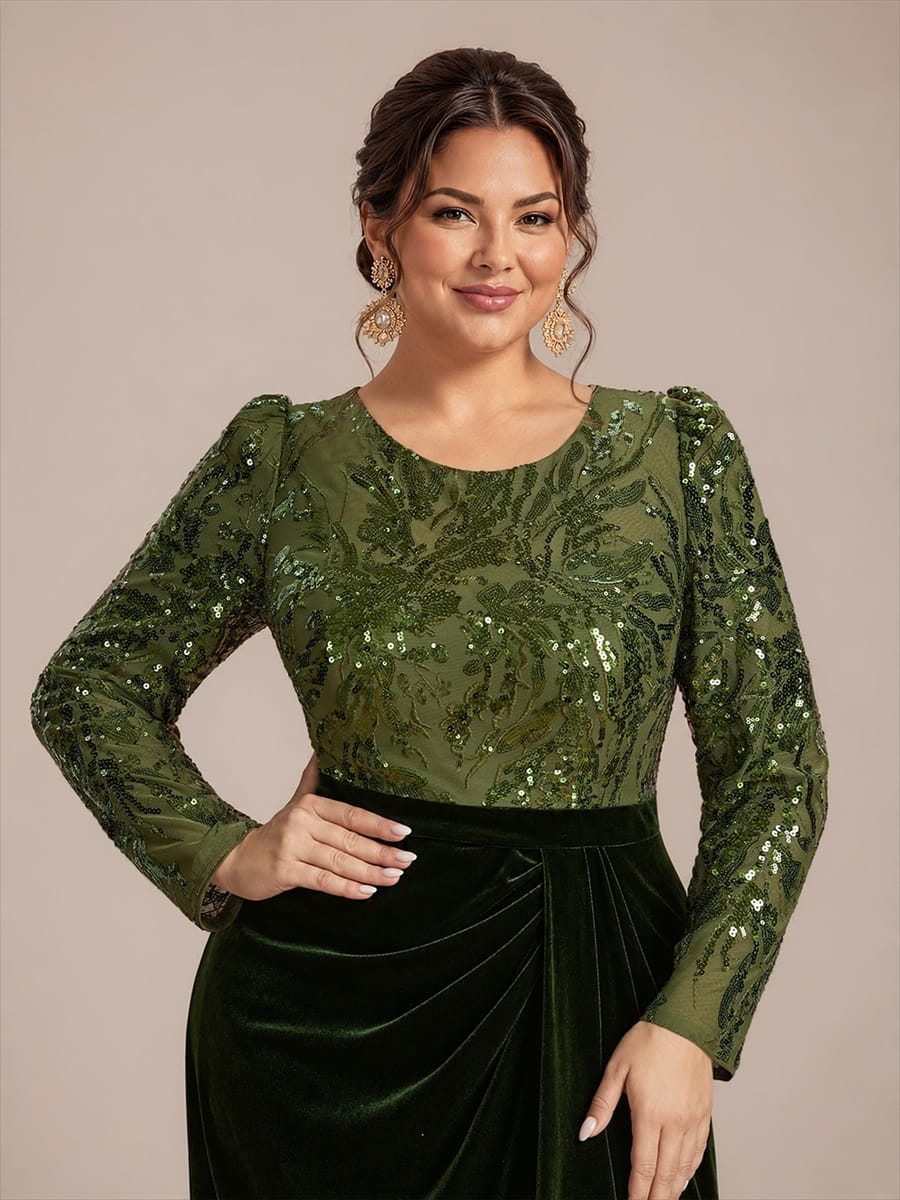Velvet Maxi Length Round neckline Sheath Fitted sleeves It is not padded, with lining. Dress #color_Olive Green