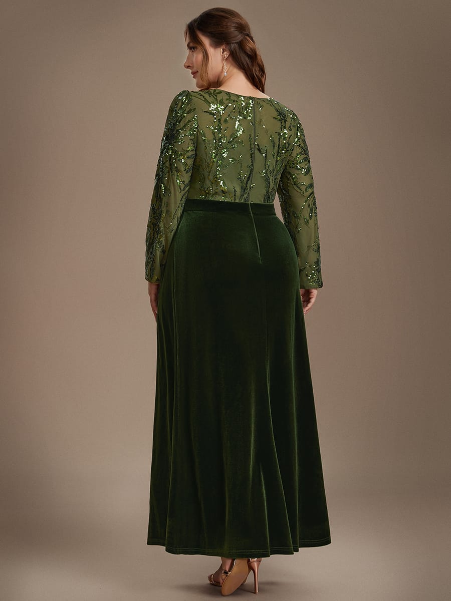 Velvet Maxi Length Round neckline Sheath Fitted sleeves It is not padded, with lining. Dress #color_Olive Green
