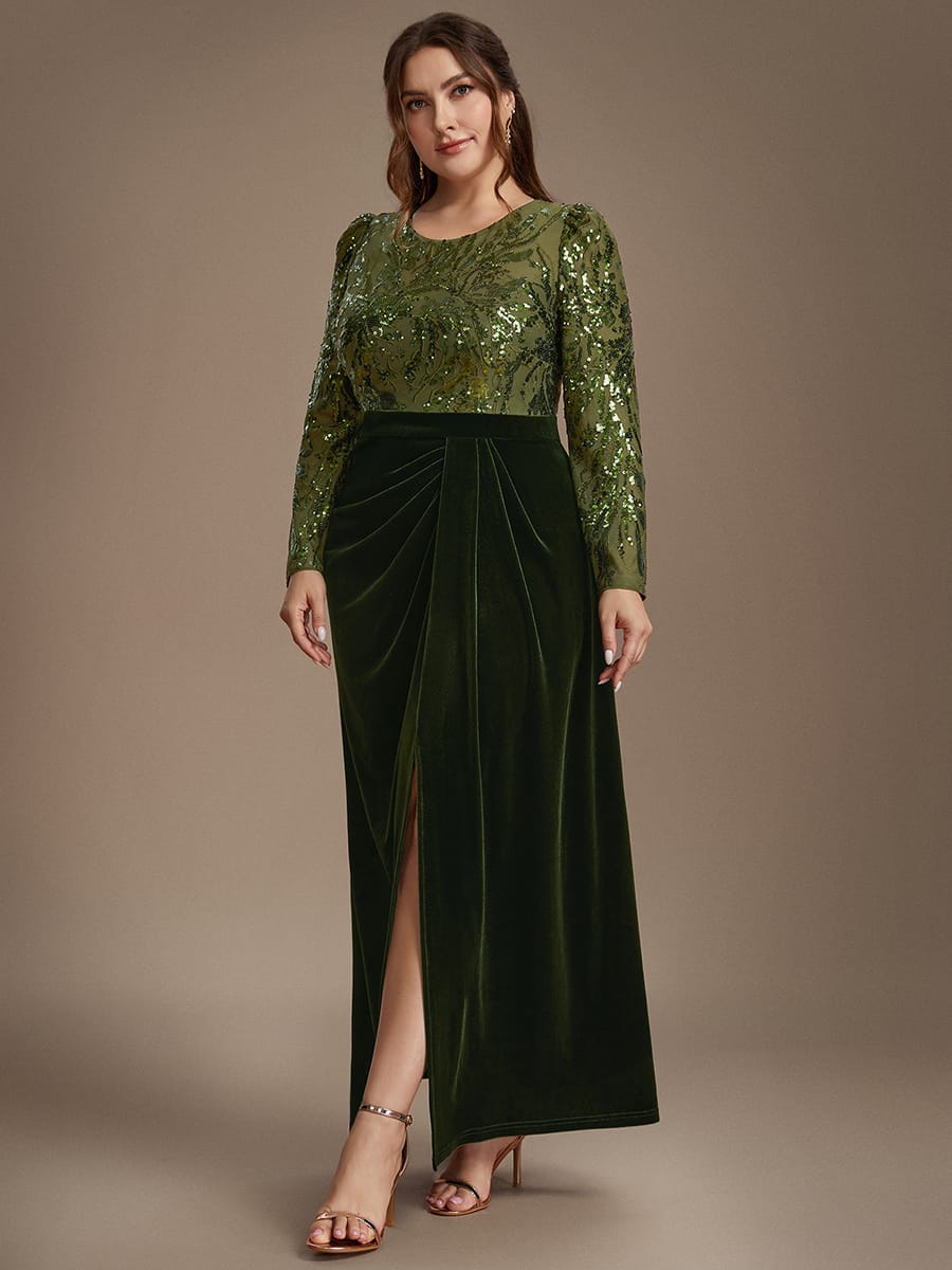 Velvet Maxi Length Round neckline Sheath Fitted sleeves It is not padded, with lining. Dress #color_Olive Green