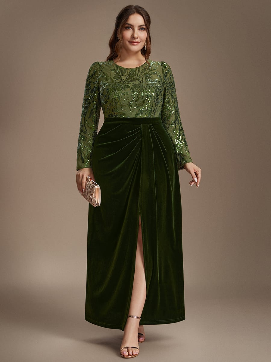 Velvet Maxi Length Round neckline Sheath Fitted sleeves It is not padded, with lining. Dress #color_Olive Green