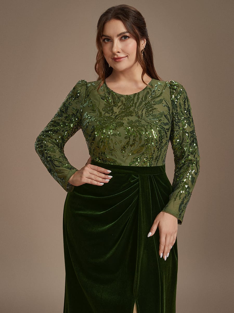 Velvet Maxi Length Round neckline Sheath Fitted sleeves It is not padded, with lining. Dress #color_Olive Green