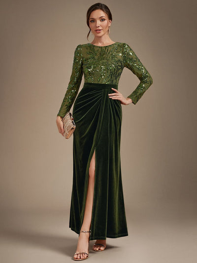 Sequin Velvet Evening Dress with Long Sleeves