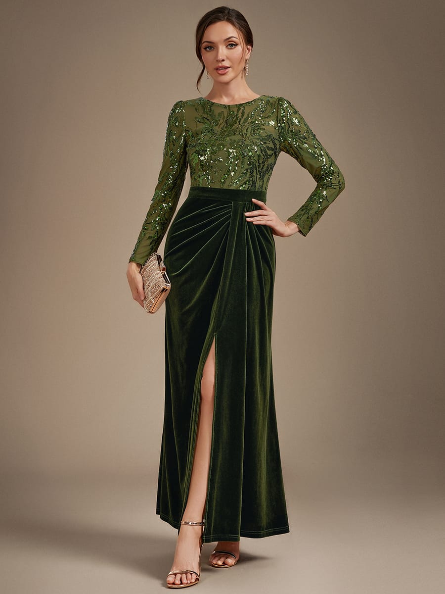 Velvet Maxi Length Round neckline Sheath Fitted sleeves It is not padded, with lining. Dress #color_Olive Green