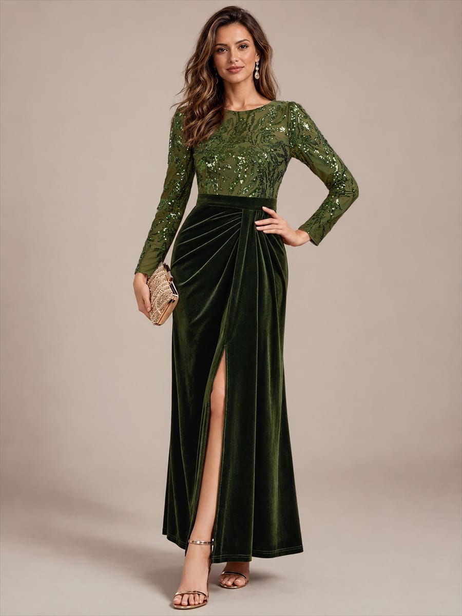 Velvet Maxi Length Round neckline Sheath Fitted sleeves It is not padded, with lining. Dress #color_Olive Green