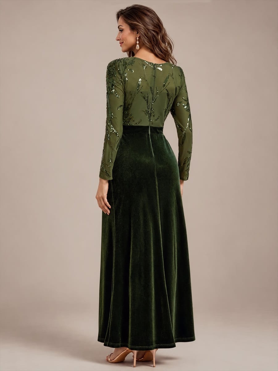 Velvet Maxi Length Round neckline Sheath Fitted sleeves It is not padded, with lining. Dress #color_Olive Green